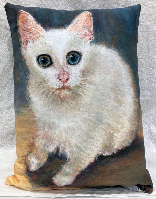 decorative pillow white kitten portrait from original pastel painting white, blue, ochre, pink