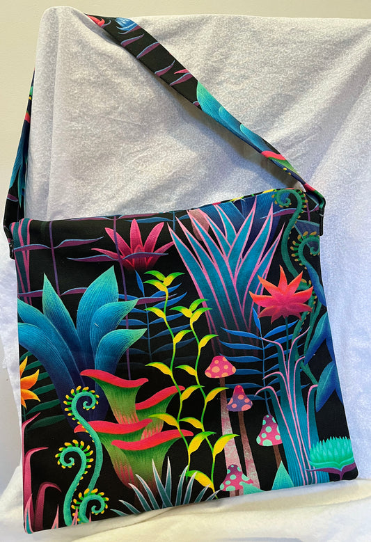 Canvas Tote Bag, Colorful Fantasy Tropical Forest on Black Background