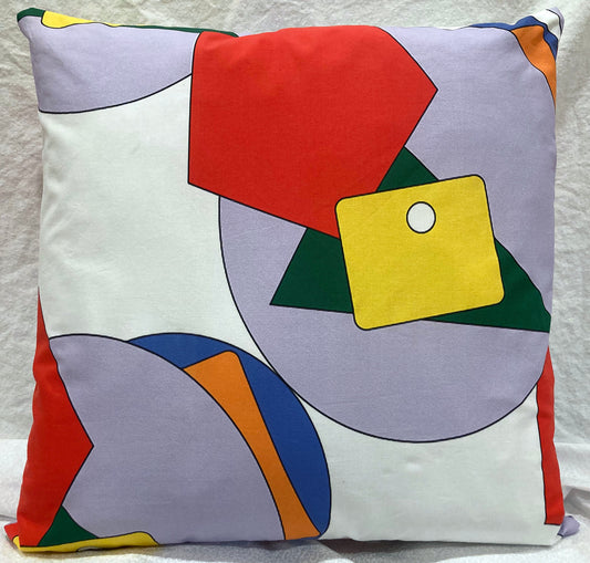 decorative pillow cover circles, squares, triangles, pentagons in purple, blue, green, yellow, orange, and red