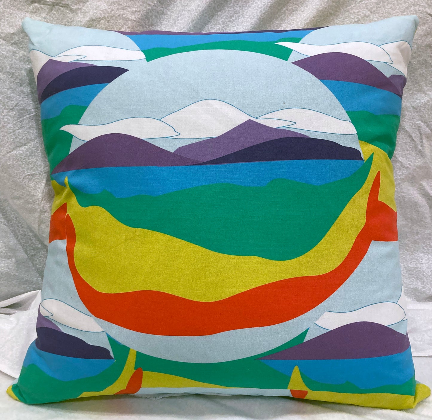 decorative pillow with pillow form insert abstract fun stylized landscape purple, blue, green, yellow, red