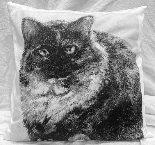 decorative pillow with pillow form insert from original drawing of watch cat black, white, and gray
