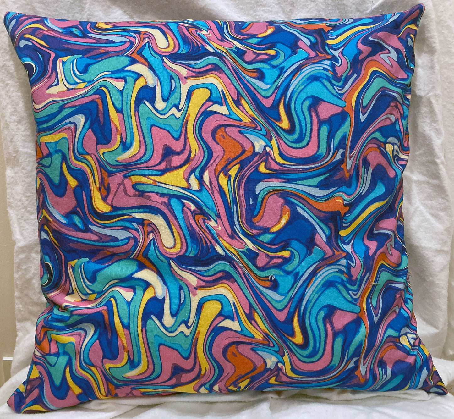 decorative pillow, abstract, multi-color swirls, lavender, blue, aqua, magenta, red, yellow, zippered
