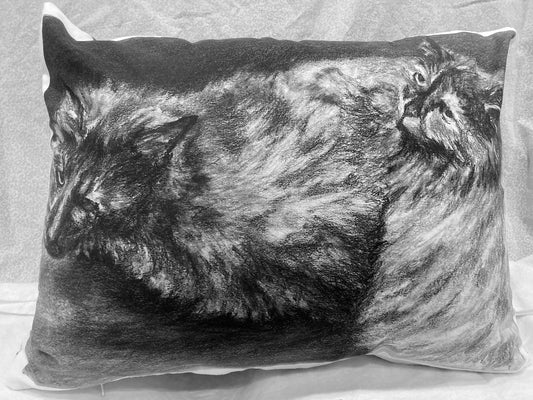 decorative pillow with pillow form insert from original pencil drawing of 2 Tortie cats