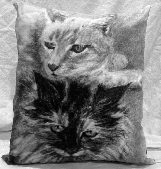 decorative pillow with original pencil drawing of Tigger and Sissy cats in black and white