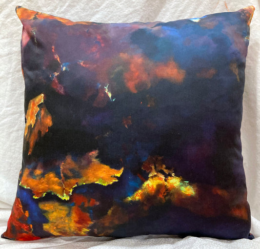 decorative pillow with pillow form insert abstract leaves and dark clouds from original painting yellow, red, orange, purple, blues dark background
