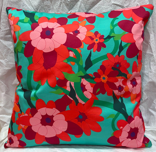 decorative pillow with pillow form insert red and pink flowers on mint background
