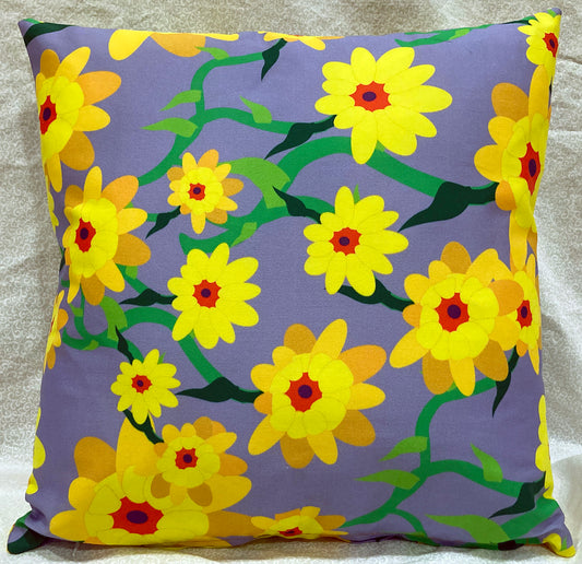 decorative pillow with pillow form insert, happy yellow flowers on a violet background, 14" x 14", zippered